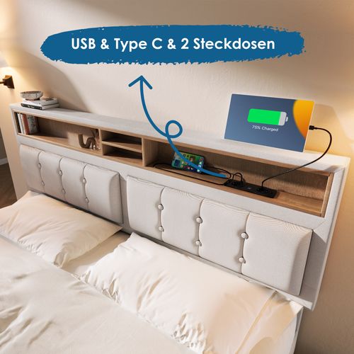 Lit 160x200 Cm Avec Rangement, Tiroirs Et USB-c, Tête Réglable - Lin + Bois - Beige