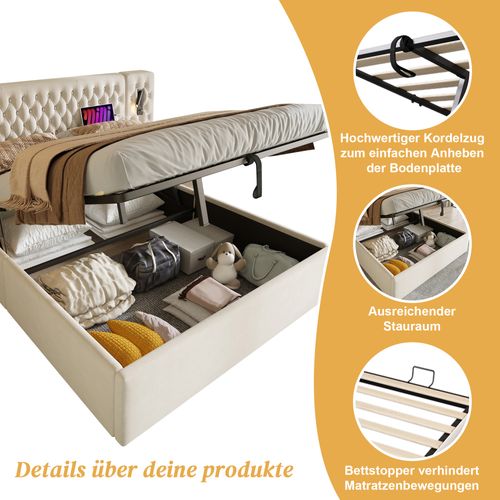 Lit Coffre 180 X 200 Cm - Lit Double Avec 2 Tables De Chevet Et Lampe De Lecture - Velours - Beige