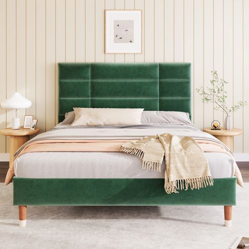 Lit Double 140x200 Cm - Lit Avec Tête De Lit Capitonné - Velours - Vert