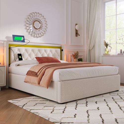 Lit Coffre 160x200 Cm - Lit Adulte Avec LED Et Ports USB Type C - Coton - Beige