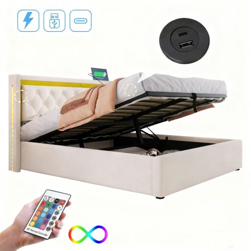 Lit Coffre 160x200 Cm - Lit Adulte Avec LED Et Ports USB Type C - Coton - Beige