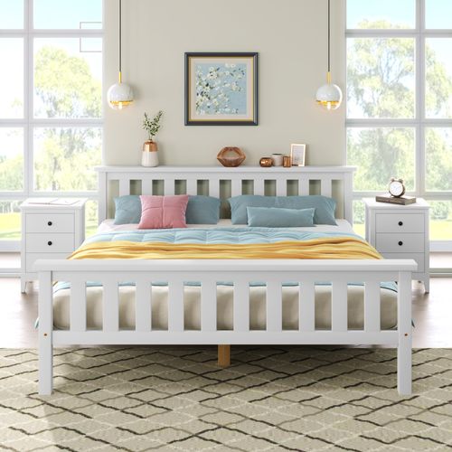 Lit Double 140x200 Cm - Lit Avec Cadre En Bois - Pin Et Mdf - Blanc