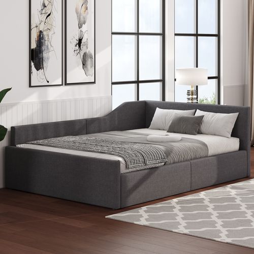 Lit 140x200 Cm - Lit Coffre Avec 12 Lattes - Mdf Et Lin - Gris