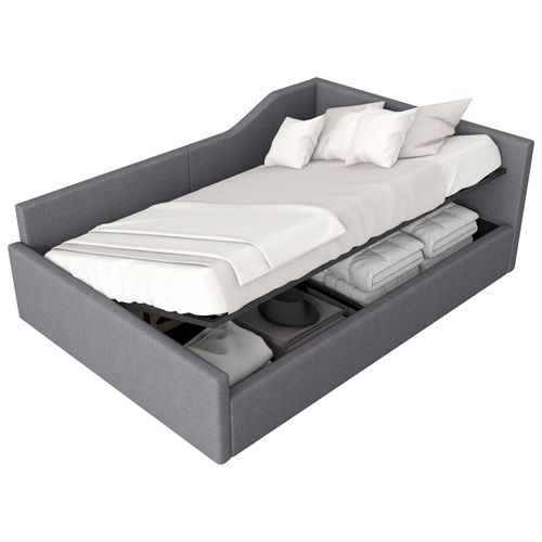 Lit 140x200 Cm - Lit Coffre Avec 12 Lattes - Mdf Et Lin - Gris