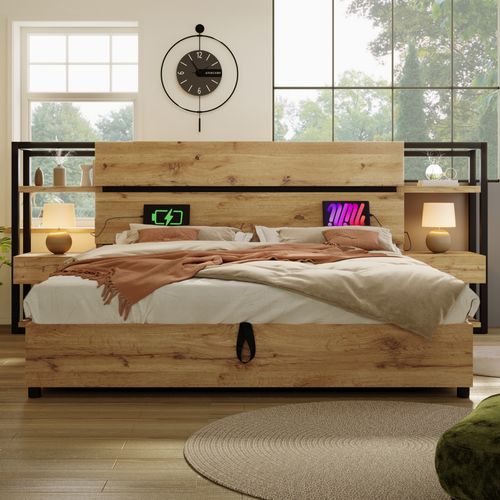 Lit Coffre 180x200 Cm, Lit Adulte Avec Charge USB/type-c, Mdf Et Contreplaqué, Chêne