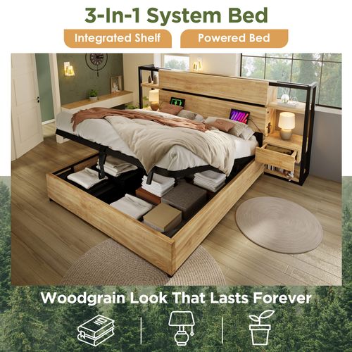 Lit Coffre 180x200 Cm, Lit Adulte Avec Charge USB/type-c, Mdf Et Contreplaqué, Chêne