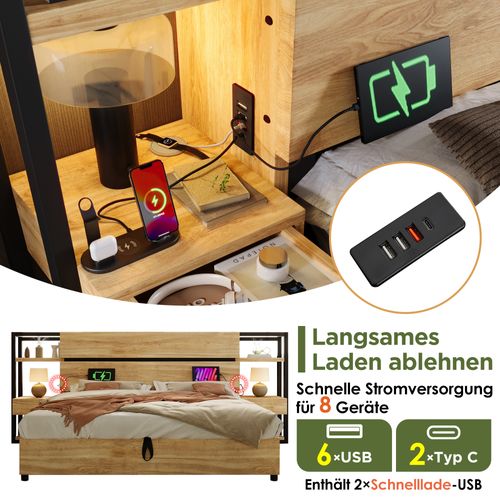 Lit Coffre 180x200 Cm, Lit Adulte Avec Charge USB/type-c, Mdf Et Contreplaqué, Chêne