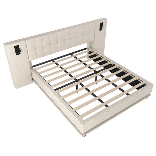 Lit Double 180x200 Cm - Lit Déco Rembourré Avec Spot LED Et Prise USB - Lin + Mdf - Beige
