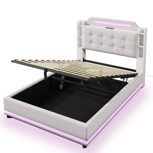 Lit Coffre 140x200 Cm - Lit Déco Avec Port USB Et Type-c - Lin + Mdf - Beige