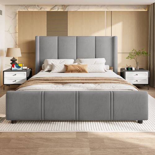 Lit Double 140x200 Cm, Rembourré Avec Tête Haute Et USB - Métal, Bois - Gris