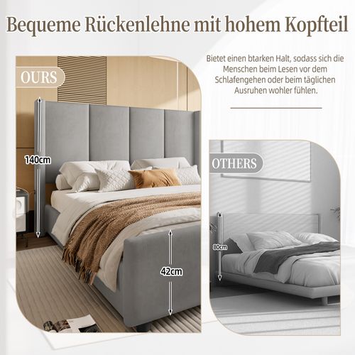 Lit Double 140x200 Cm, Rembourré Avec Tête Haute Et USB - Métal, Bois - Gris