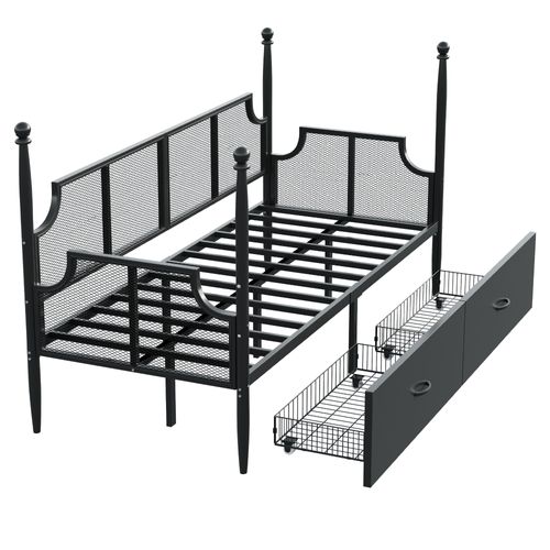 Lit Banquette 90x200 Cm - Lit Simple Métal Avec Rangement Pratique, Dossier Haut En Métal - Noir