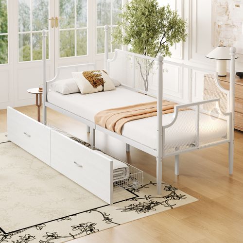 Lit Banquette 90x200 Cm, Lit Simple Multifonction En Métal Avec Rangement Intégré - Blanc