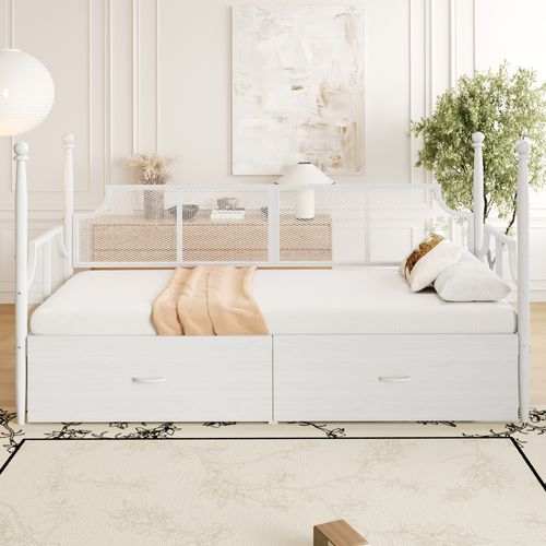 Lit Banquette 90x200 Cm, Lit Simple Multifonction En Métal Avec Rangement Intégré - Blanc