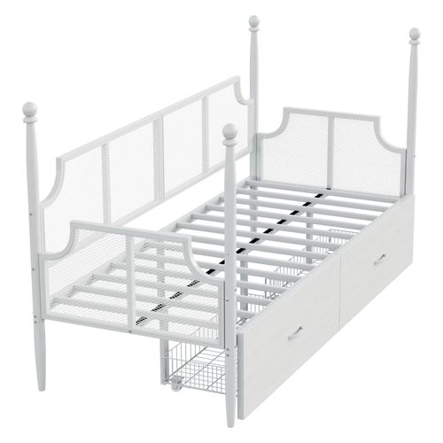 Lit Banquette 90x200 Cm, Lit Simple Multifonction En Métal Avec Rangement Intégré - Blanc