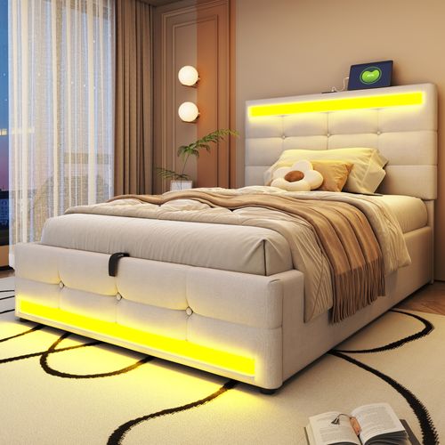 Lit Coffre 90x200 Cm - Lit Capitonné Avec Tissu En Lin, Chargeur USB Et Lumière LED - Beige