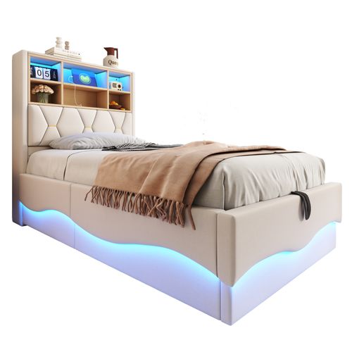 Lit Coffre 90x200 Cm - Lit Simple Avec LED App Et Grand Rangement - Design Moderne - Beige/Gris