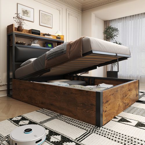 Lit Coffre 90x200 Cm - Lit Simple Avec USB Et Type-c, Tête Capitonnée Et Espace De Rangement - Noir