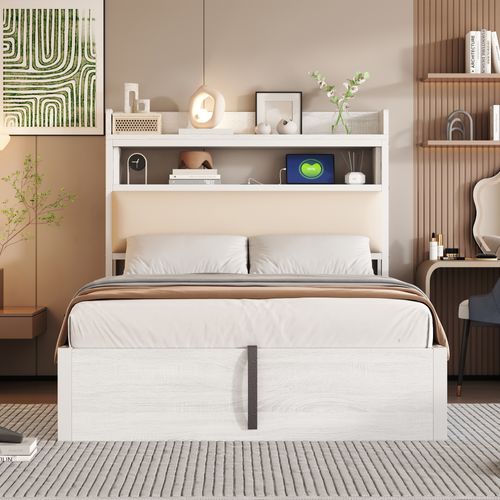 Lit Coffre 90x200 Cm, Simple Avec Tête Capitonnée, Rangement, USB-c, Blanc