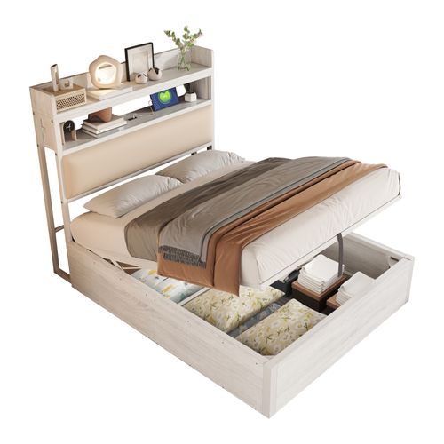 Lit Coffre 90x200 Cm, Simple Avec Tête Capitonnée, Rangement, USB-c, Blanc