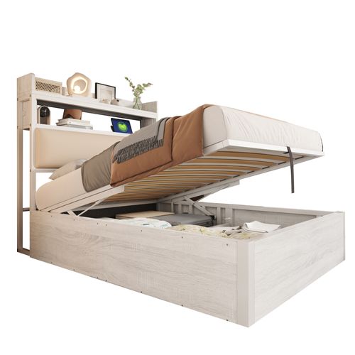 Lit Coffre 90x200 Cm, Simple Avec Tête Capitonnée, Rangement, USB-c, Blanc