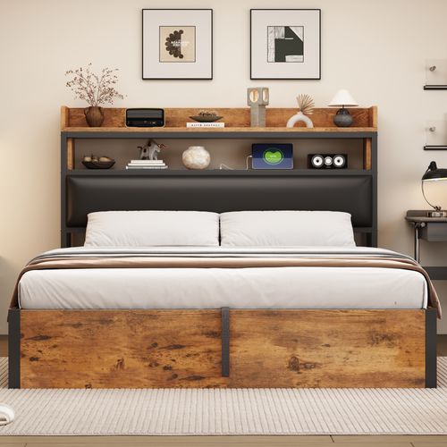 Lit Coffre 180x200 Cm, Double Avec Tête Capitonnée, Rangement, USB-c, Métal Noir