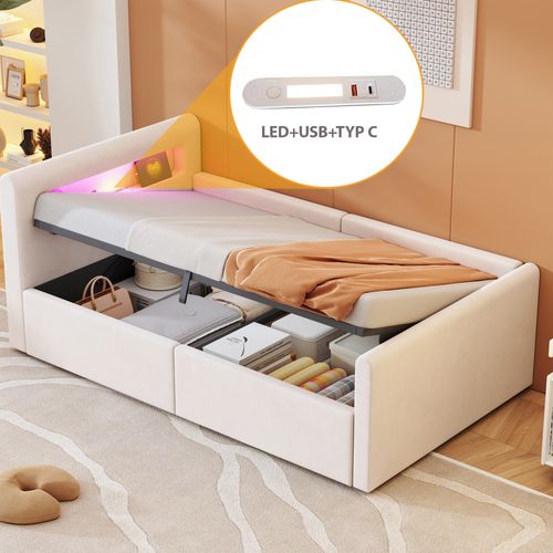 Lit Coffre 90x200 Cm - Lit Simple Avec Coffre, LED Et USB, Structure Velours - Beige