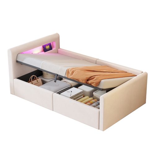 Lit Coffre 90x200 Cm - Lit Simple Avec Coffre, LED Et USB, Structure Velours - Beige