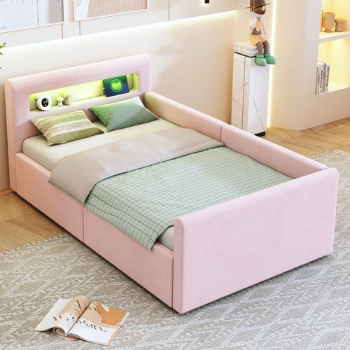 Lit Coffre 90x200 Cm - Lit Simple Avec LED Et Port USB, Rangement Intégré, Velours Et Métal - Rose