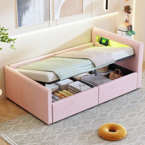 Lit Coffre 90x200 Cm - Lit Simple Avec LED Et Port USB, Rangement Intégré, Velours Et Métal - Rose
