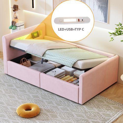 Lit Coffre 90x200 Cm - Lit Simple Avec LED Et Port USB, Rangement Intégré, Velours Et Métal - Rose