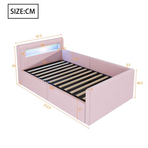 Lit Coffre 90x200 Cm - Lit Simple Avec LED Et Port USB, Rangement Intégré, Velours Et Métal - Rose