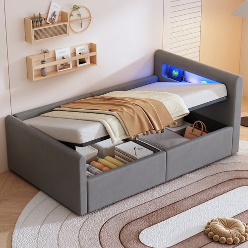 Lit Coffre 90x200 Cm - Lit Simple Avec Rangement, LED Et Prise USB, Tissu Velours - Gris Clair