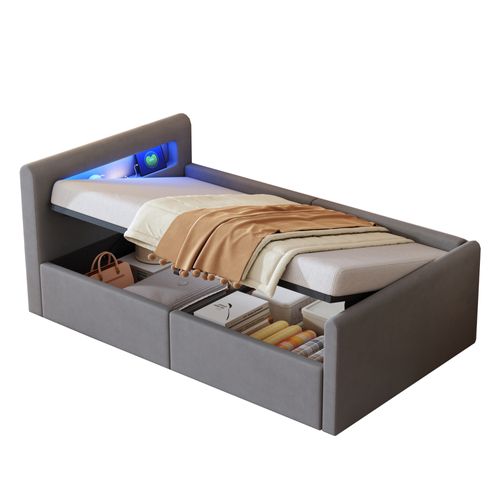 Lit Coffre 90x200 Cm - Lit Simple Avec Rangement, LED Et Prise USB, Tissu Velours - Gris Clair