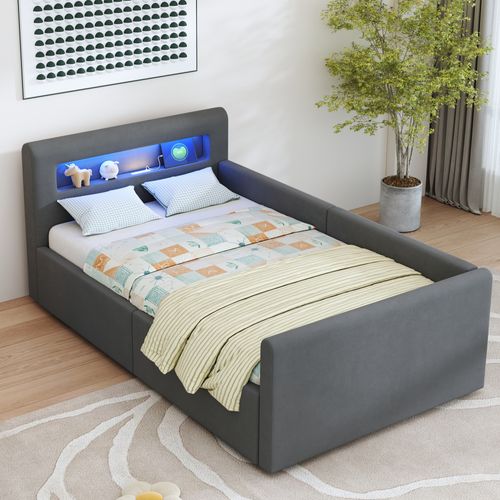 Lit Coffre 90x200 Cm - Lit Simple Avec Grand Rangement, LED Et Port USB, Velours Métal - Gris Foncé