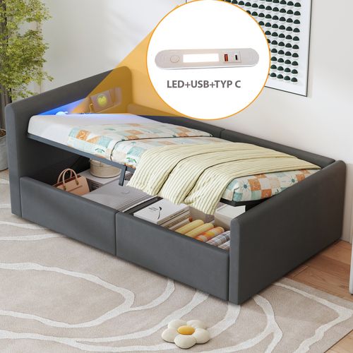 Lit Coffre 90x200 Cm - Lit Simple Avec Grand Rangement, LED Et Port USB, Velours Métal - Gris Foncé