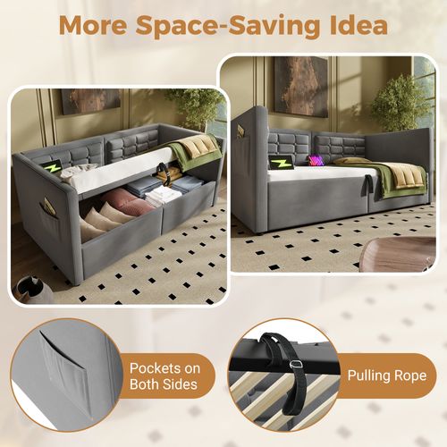 Lit Banquette 90x200 Cm - Rangement Hydraulique, USB Et Type-c, Velours Gris