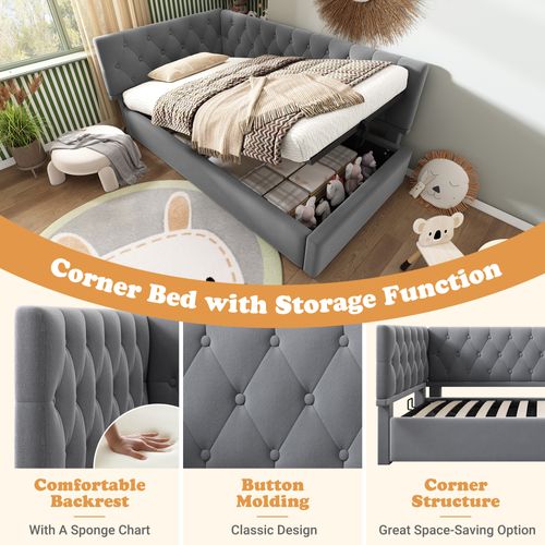 Lit Coffre 90x200 Cm - Lit Ado Avec Rangement Intégré, Dossier Capitonné, Velours Gris