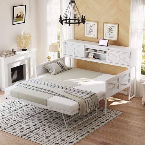 Lit Gigogne 90x200 Cm - Lit Ado Extensible Avec Rangement, Métal Multifonction - Blanc