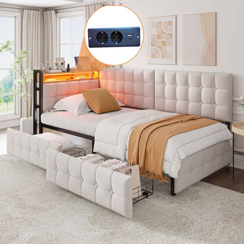 Lit Banquette 90x200 Cm - Lit Avec Rangement Et LED, Ports USB Et Type-c - Beige