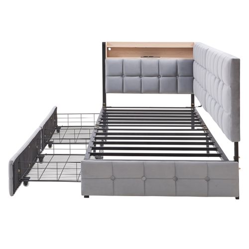 Lit Banquette 90x200 Cm - Lit Avec Rangement Et Tiroirs, LED Et Ports USB-c - Gris Clair