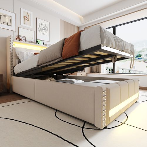 Lit Coffre 90x200 Cm - Lit Simple LED Avec Tête à Étagère Et Rangement - Beige