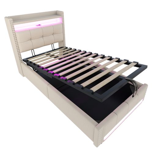 Lit Coffre 90x200 Cm - Lit Simple LED Avec Tête à Étagère Et Rangement - Beige