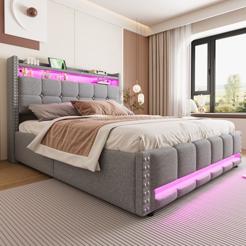 Lit Coffre 160x200 Cm - Lit Capitonné Avec LED, Prise USB Et Étagère De Rangement - Lin Gris Clair