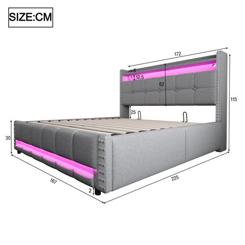 Lit Coffre 160x200 Cm - Lit Capitonné Avec LED, Prise USB Et Étagère De Rangement - Lin Gris Clair