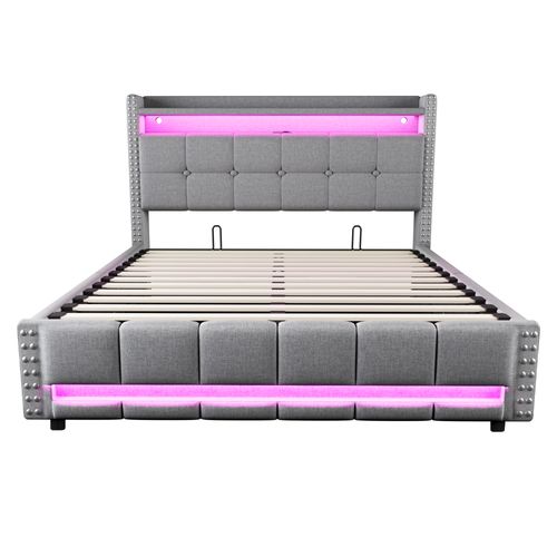 Lit Coffre 160x200 Cm - Lit Capitonné Avec LED, Prise USB Et Étagère De Rangement - Lin Gris Clair