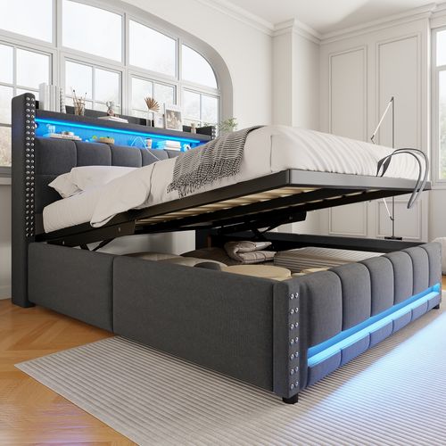 Lit Coffre 160x200 Cm - Lit Adulte Avec Rangement, USB Et Tête à Étagères - Gris