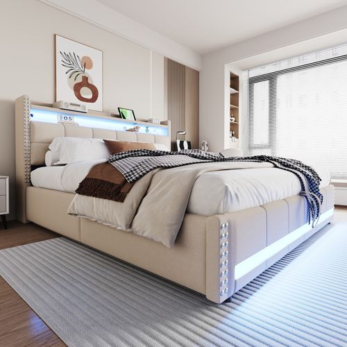 Lit Coffre 180x200 Cm - Lit Avec Rangement, USB Et LED Télécommandée - Beige