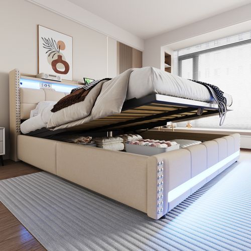 Lit Coffre 180x200 Cm - Lit Avec Rangement, USB Et LED Télécommandée - Beige