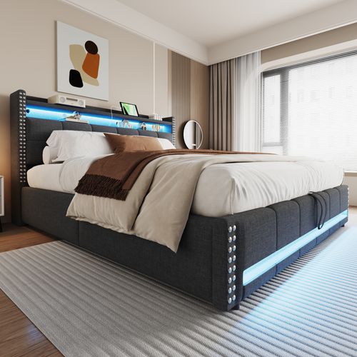 Lit Coffre 180x200 Cm - Lit Adulte LED Télécommandée, USB Et Tête à Rangement - Gris